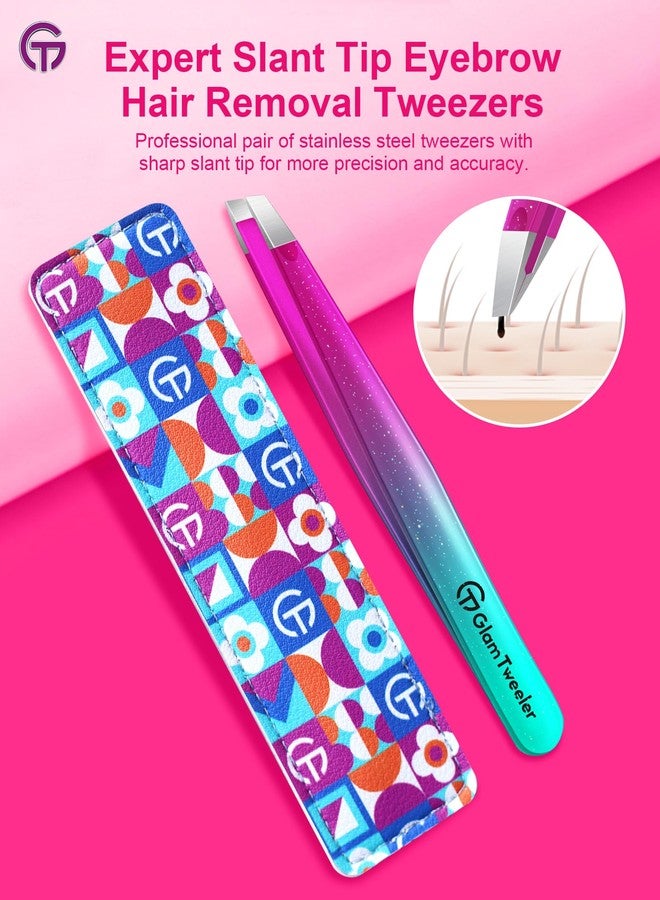 GlamTweeler ملقط خبير ذو طرف مائل مع حافظة جلدية، ملقط GlamTweeler حاد ودقيق من الفولاذ المقاوم للصدأ لإزالة الحواجب وشعر الوجه والشعر الناعم (لون بنفسجي لامع وفيروزي) - Image 2